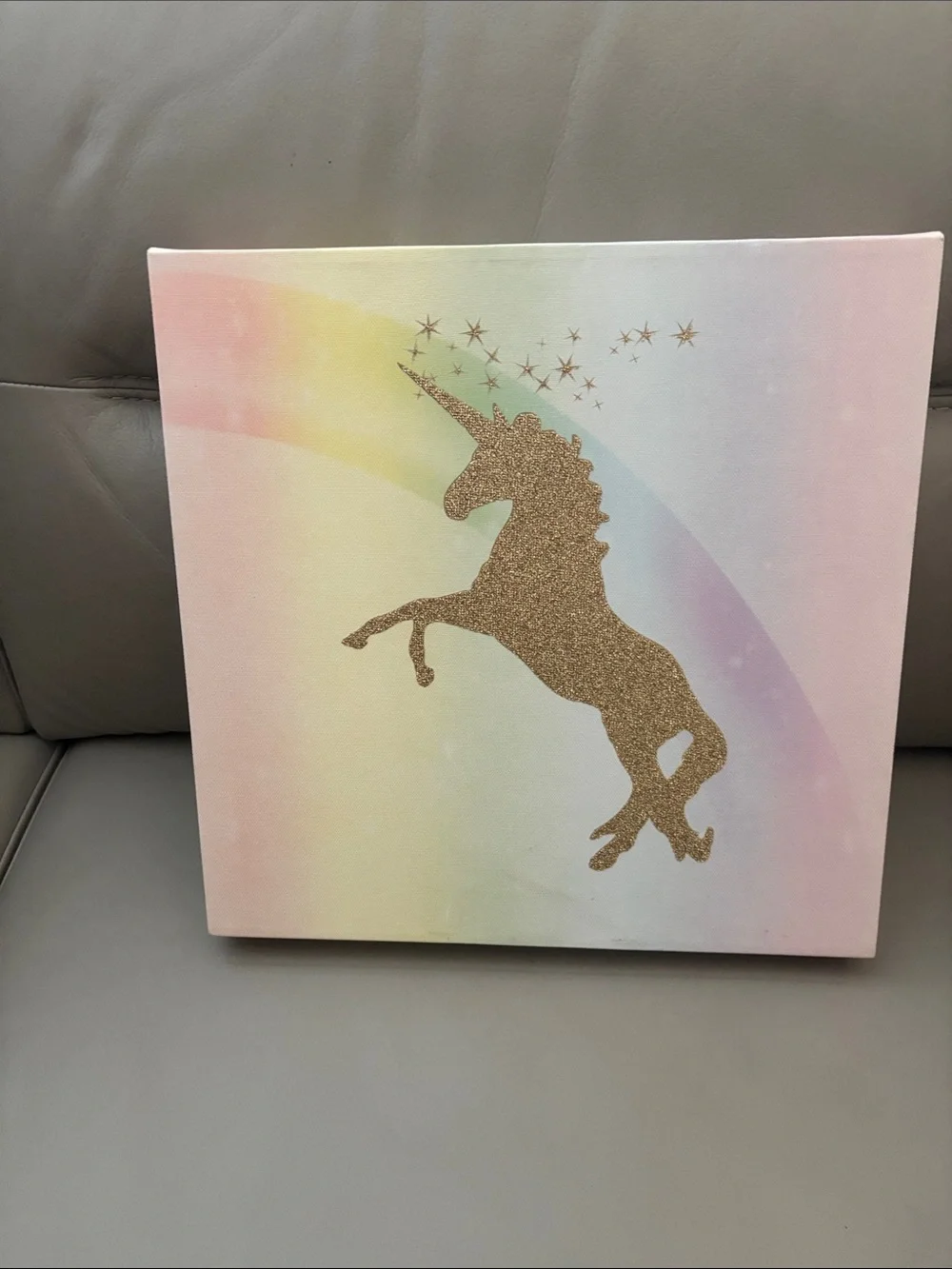 Source Unknown Gold Glitter Unicorn on Pastel Rainbow Canvas
